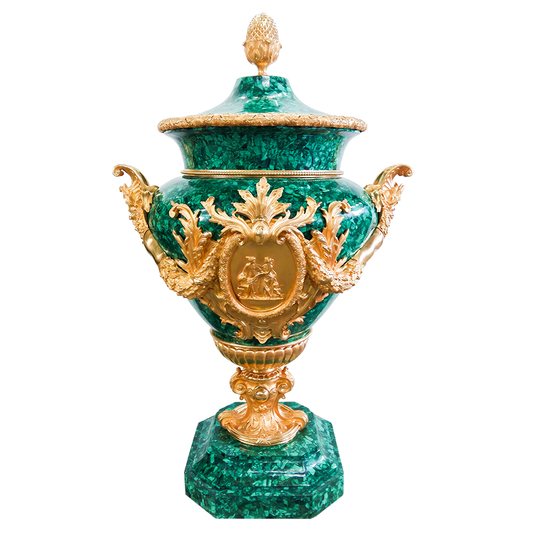 Our European handcrafted French Empire Urn With Top in Malachite and Ormolu