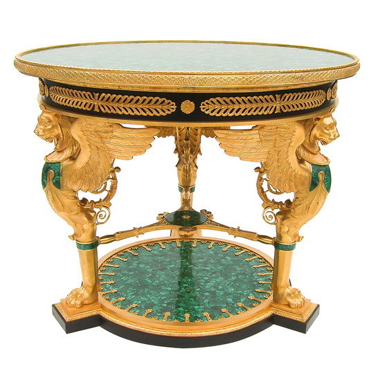 Our European handcrafted French Empire Center Table With Winged Lions in Malachite and Ormolu