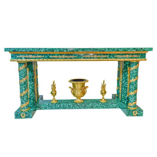 Our European handcrafted Neoclassical Table With Pedestal Legs in Malachite and Ormolu