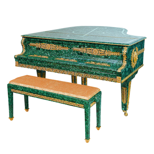 Our European handcrafted Empire Baby Grand Piano And Double Bench in Malachite and Ormolu