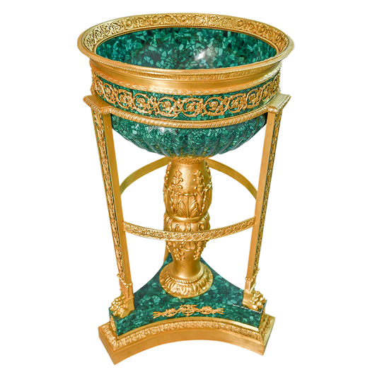 Our European handcrafted French Empire Planters With Lion Feet in Malachite and Ormolu