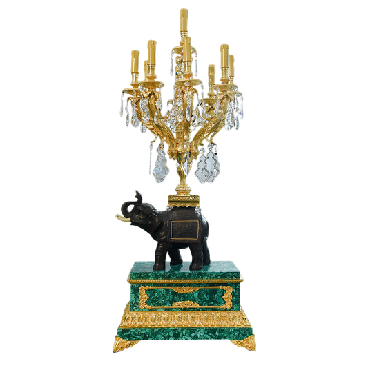 Our European handcrafted Candelabra With Bronze Elephant And Malachite Base in Malachite, Ormolu and Bronze