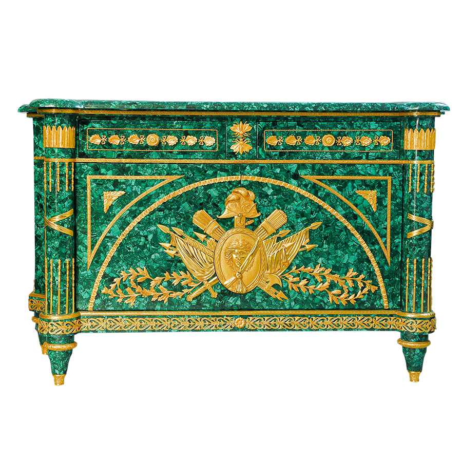 Our European handcrafted French Empire Buffet With Fluted Accents in Malachite and Ormolu