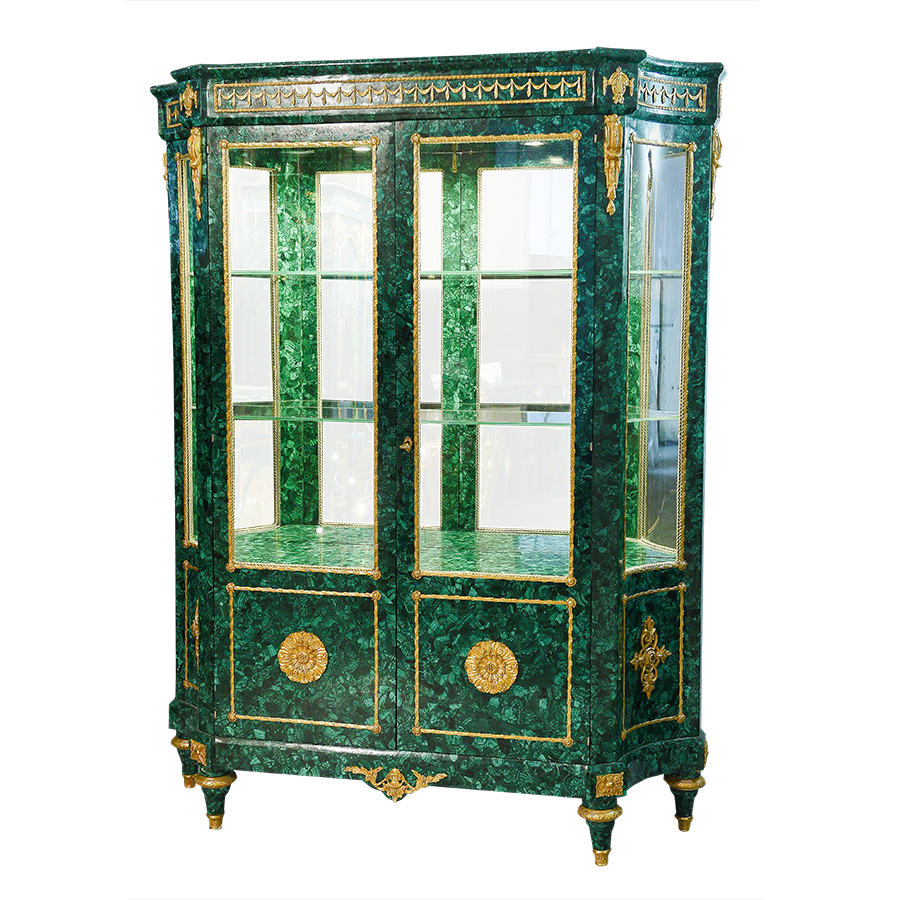 Our European handcrafted French Empire Vitrine With Concave Sides in Malachite, Ormolu and Mirror