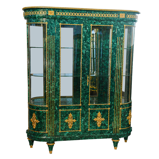 Our European handcrafted French Empire Vitrine With Curved Sides in Malachite, Ormolu and Mirror