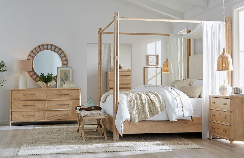 Hooker Furniture Retreat Pole Rattan Cal King Upholstered Poster Bed w/Canopy 6950-90460-80