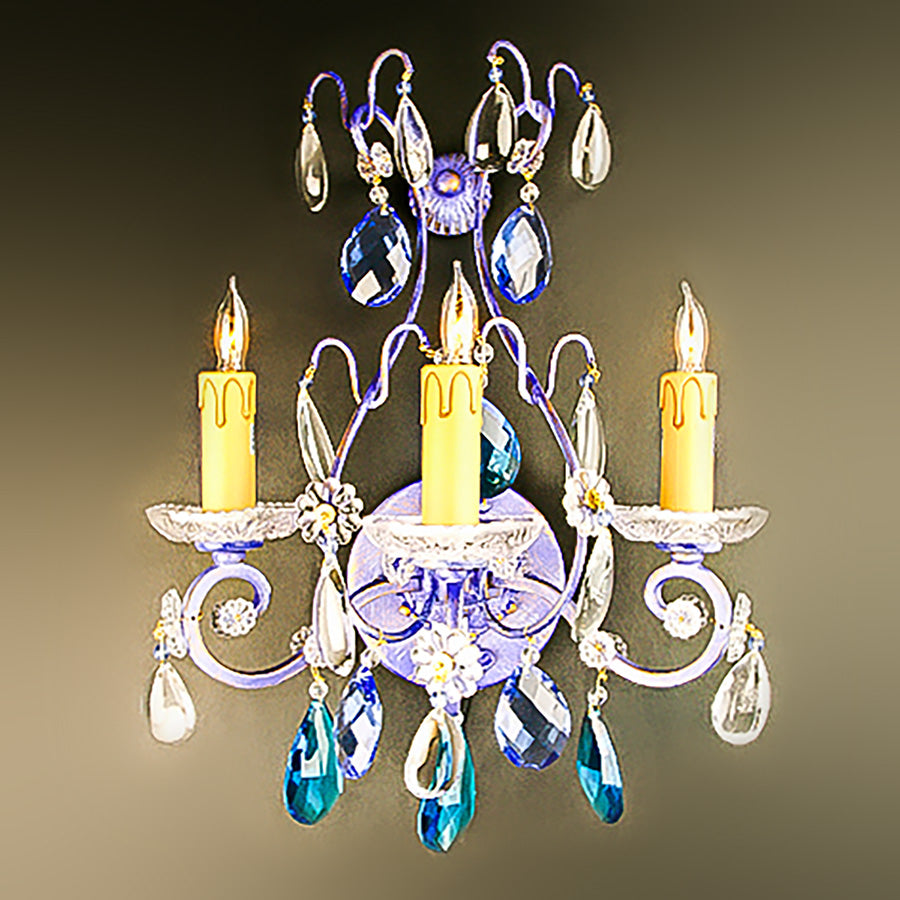 7730-MB0439L3P LT710101 Pair 3 Light Iron & Crystal Sconces-Blue Finish (14.5Hx13W)