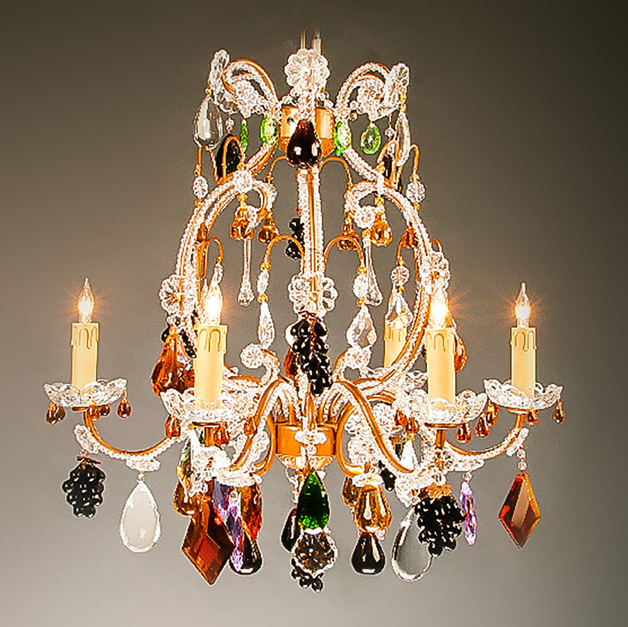 7730-MD0423L6 LT711201 6 Light Iron & Crystal Chandelier-Multi Color Fruit (22Hx24D)