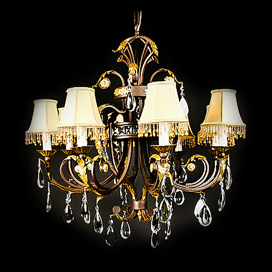 7730-MD0474L8 LT711901 8 Light Iron & Crystal Chandelier w/Shades-Patinaed Finish Gold Leaf (34Hx33.5D)
