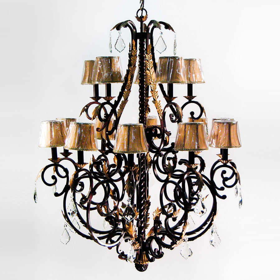 7732-D1973L15 LT730101 15 Light Iron & Crystal Chandelier w/Shades-Patinaed Finish Gold Leaf (58Hx46W)
