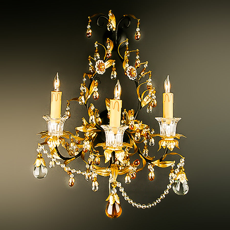 7736-WB06019L3A LT740401 Pair 3 Light Iron Black & Gold Sconces w/Amber Crystals (22Hx16Wx11D)