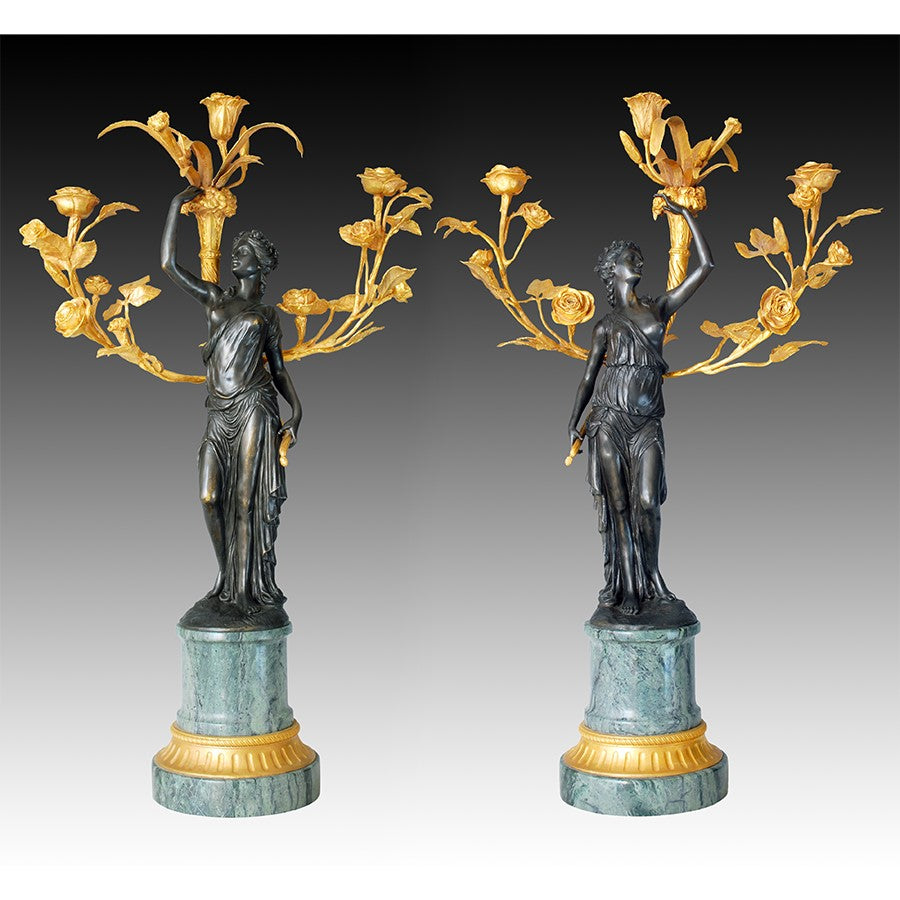 Pair of Lady Candelabra with Bronze, Gilt and Marble