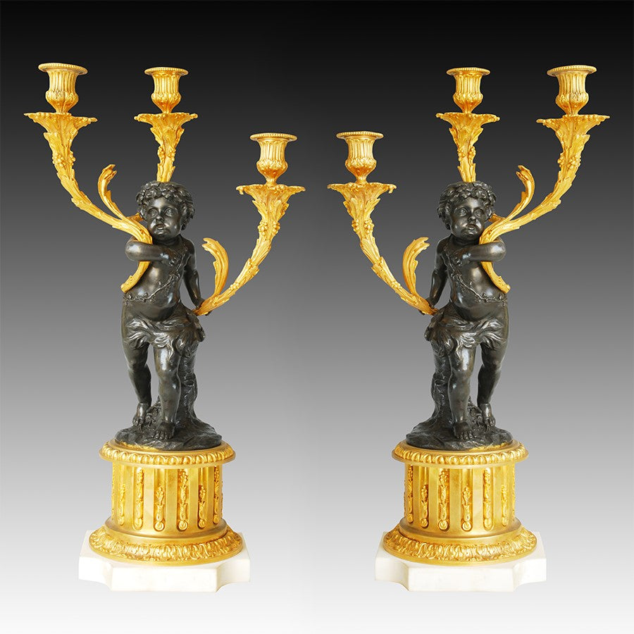 Pair of Cherub Candelabra wth Bronze, Gilt and Marble