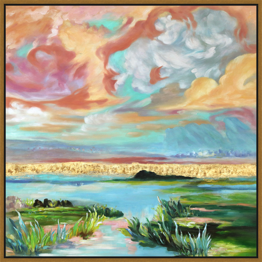 EAHPC22002 - BRIGHT LANDSCAPE I framed floating in a contemporary gold frame. Finished Size: W 36.00 in x H 36.00 in