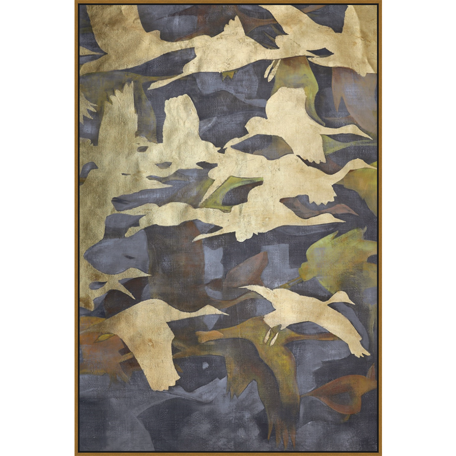 EAHPC22039A - GOLD BIRDS IN MOTION I framed floating in a contemporary gold frame. Finished Size: W 48.00 in x H 72.00 in