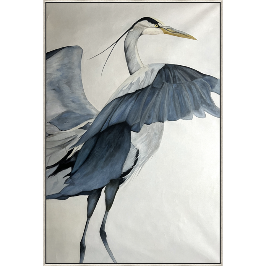 EAHPC22044 - HERON TAKING FLIGHT I framed floating in a contemporary silver frame. Finished Size: W 50.00 in x H 75.00 in