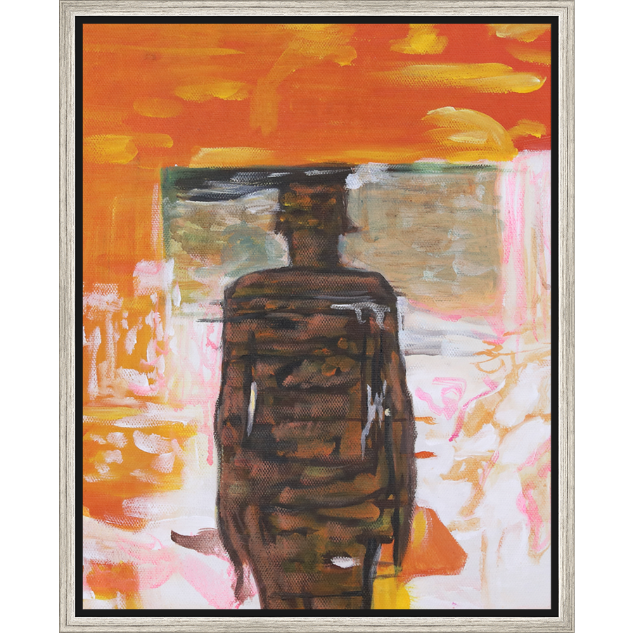 EAHPC22066 - BROWN FIGURE ON ORANGE AND PINK framed floating in a contemporary silver frame. Finished Size: W 16.00 in x H 20.00 in