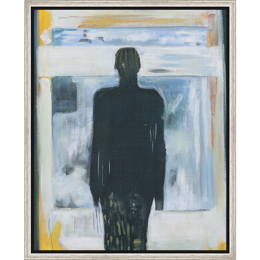 EAHPC22068 - BLACK FIGURE ON BLUES AND GREENS framed floating in a contemporary silver frame. Finished Size: W 16.00 in x H 20.00 in