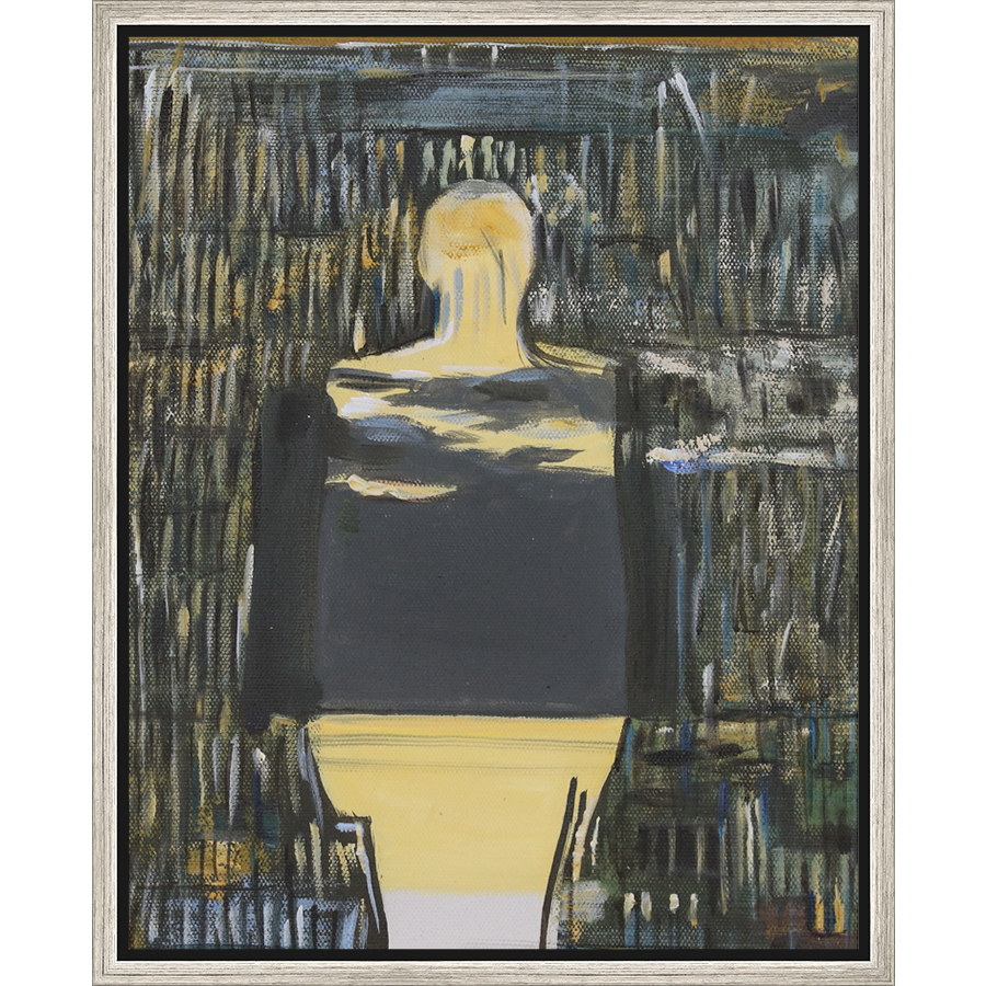 EAHPC22075 - YELLOW FIGURE ON BLACK I framed floating in a contemporary silver frame. Finished Size: W 16.00 in x H 20.00 in