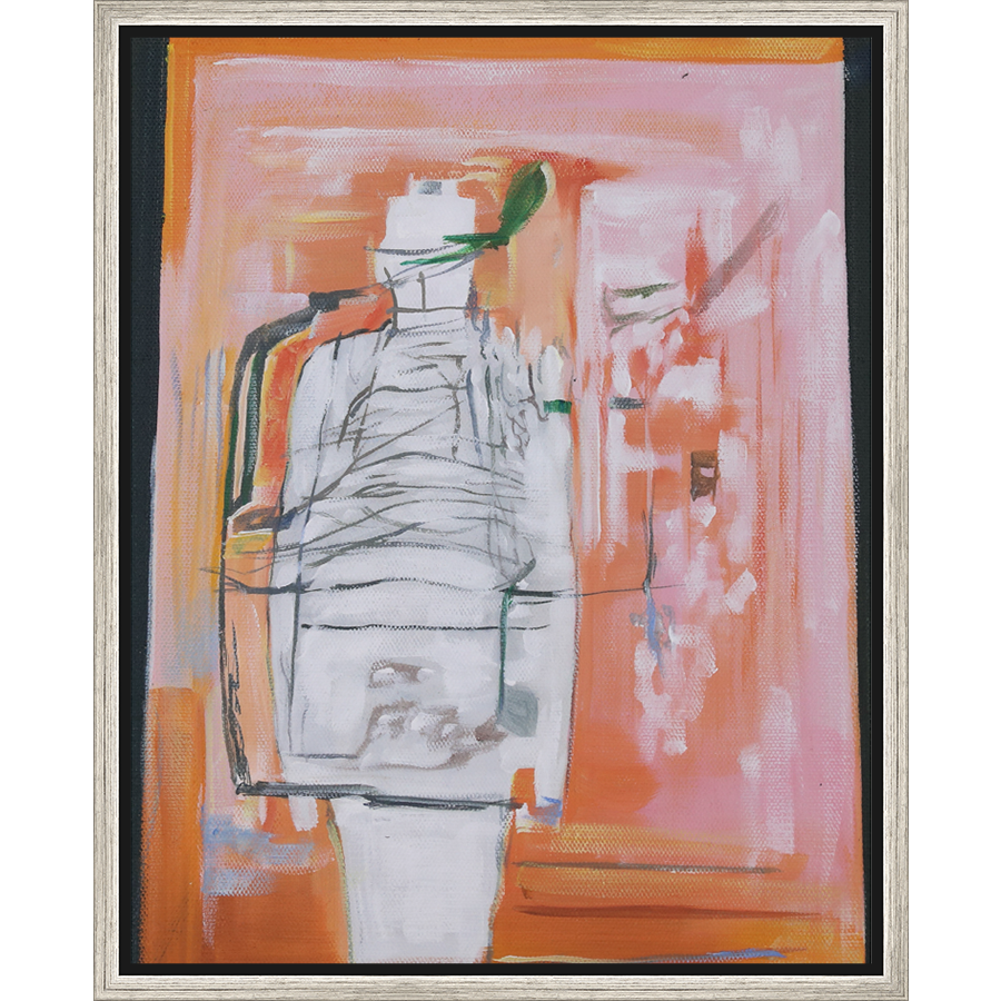 EAHPC22082 - WHITE FIGURE ON PINK framed floating in a contemporary silver frame. Finished Size: W 16.00 in x H 20.00 in