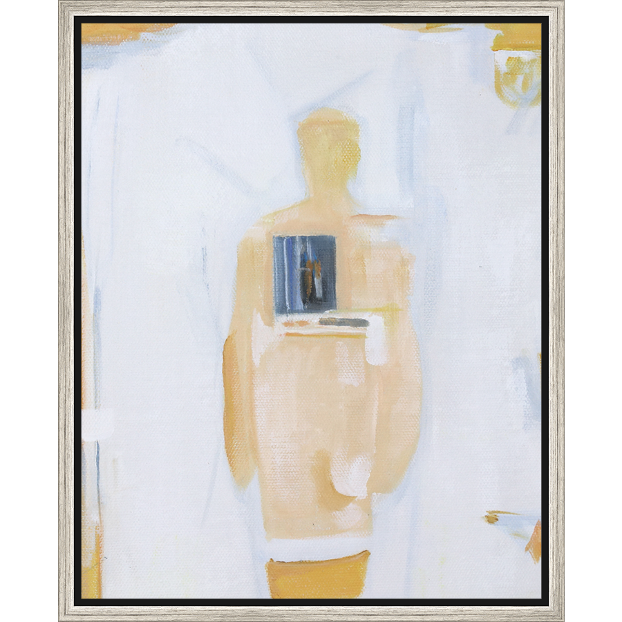 EAHPC22083 - YELLOW FIGURE AND GRAY SQUARE framed floating in a contemporary silver frame. Finished Size: W 16.00 in x H 20.00 in