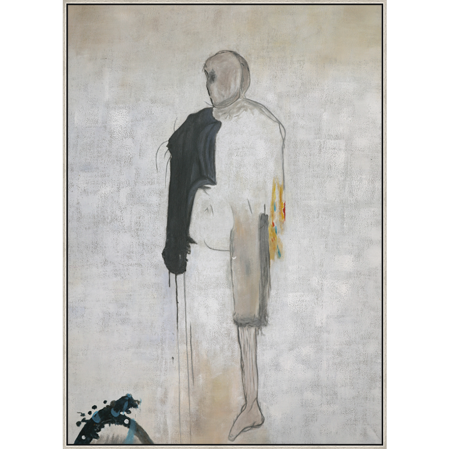 EAHPC22100 - MAN WITH BLACK SLEEVE framed floating in a contemporary silver frame. Finished Size: W 50.00 in x H 70.00 in