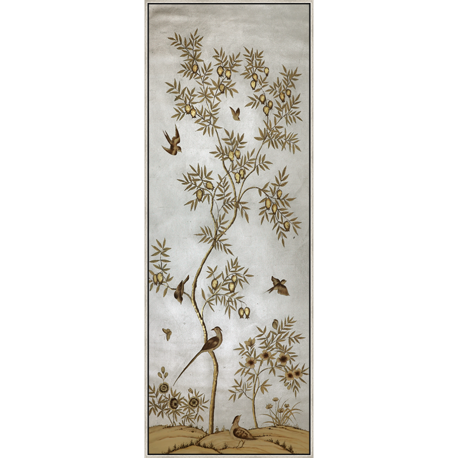 EAHPC23007A - BOTANICAL WITH BIRDS I framed floating in a contemporary silver frame. Finished Size: W 30.00 in x H 84.00 in