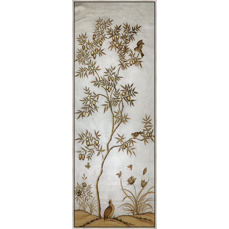 EAHPC23007B - BOTANICAL WITH BIRDS II framed floating in a contemporary silver frame. Finished Size: W 30.00 in x H 84.00 in