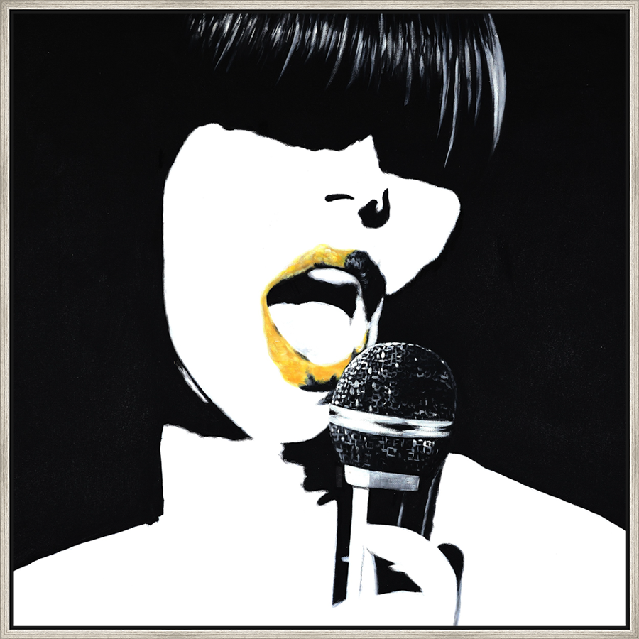 EAHPC23045 - GOLD LIPS AND MIC framed floating in a contemporary silver frame. Finished Size: W 36.00 in x H 36.00 in