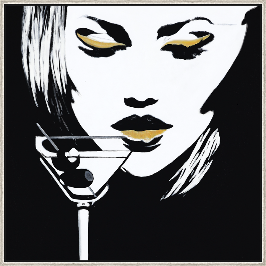 EAHPC23046 - MARTINI AND GOLD LIPS framed floating in a contemporary silver frame. Finished Size: W 36.00 in x H 36.00 in