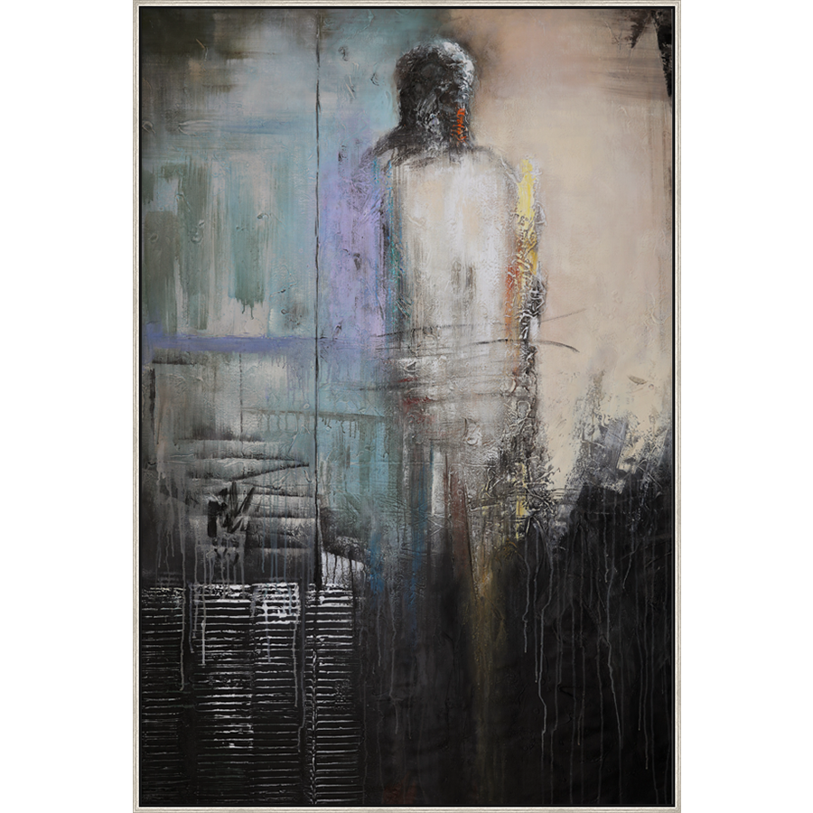 EAHPC23092 - BLACK HELMET AND BLUE CAPE framed floating in a contemporary silver frame. Finished Size: W 48.00 in x H 72.00 in