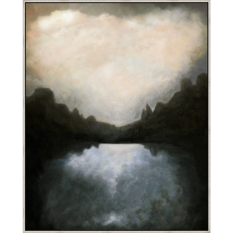 EAHPC23112 - DUSK ON THE LAKE framed floating in a contemporary silver frame. Finished Size: W 48.00 in x H 60.00 in