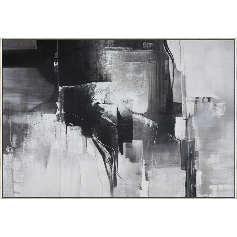 EAHPC23139 - BLACK AND WHITE ABSTRACT II framed floating in a contemporary silver frame. Finished Size: W 74.00 in x H 50.00 in