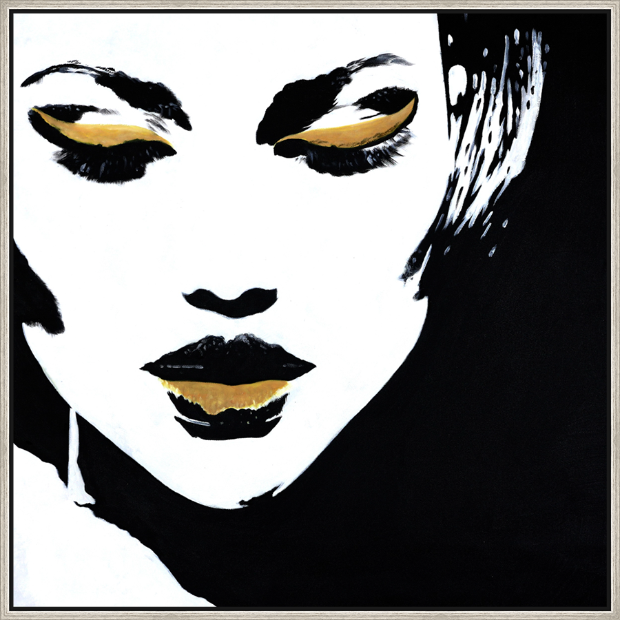 EAHPC23161 - LADY WITH GOLD EYE SHADOW framed floating in a contemporary silver frame. Finished Size: W 36.00 in x H 36.00 in