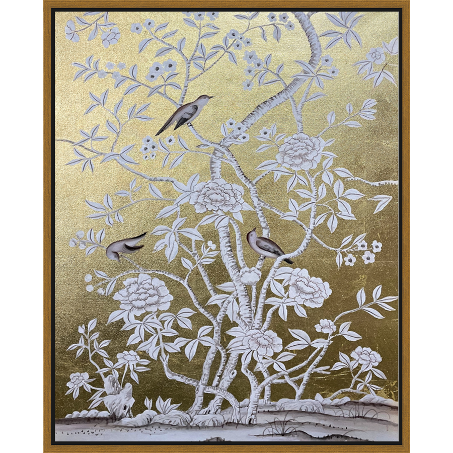 EAHPC24004 - FLORAL AND BIRDS ON GOLD I framed floating in a contemporary gold frame. Finished Size: W 24.00 in x H 30.00 in