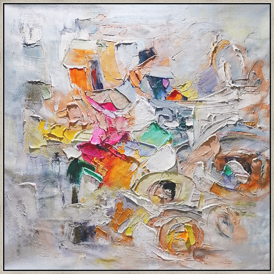 EAHPC24022 - PASTEL SPLASH II framed floating in a contemporary silver frame. Finished Size: W 50.00 in x H 50.00 in