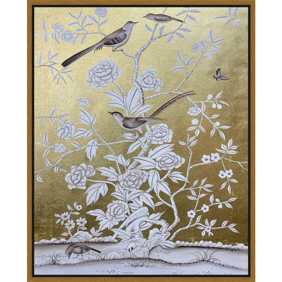 EAHPC24050 - FLORAL AND BIRDS ON GOLD III framed floating in a contemporary gold frame. Finished Size: W 24.00 in x H 30.00 in