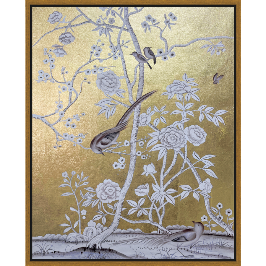EAHPC24078 - FLORAL AND BIRDS ON GOLD IV framed floating in a contemporary gold frame. Finished Size: W 24.00 in x H 30.00 in