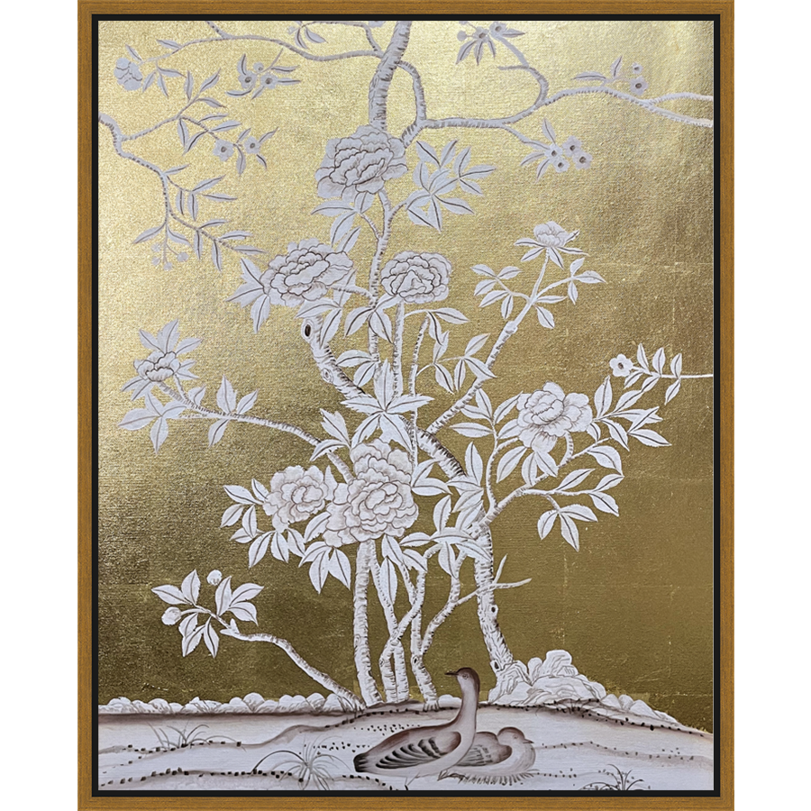 EAHPC24086 - FLORAL AND BIRDS ON GOLD V framed floating in a contemporary gold frame. Finished Size: W 24.00 in x H 30.00 in