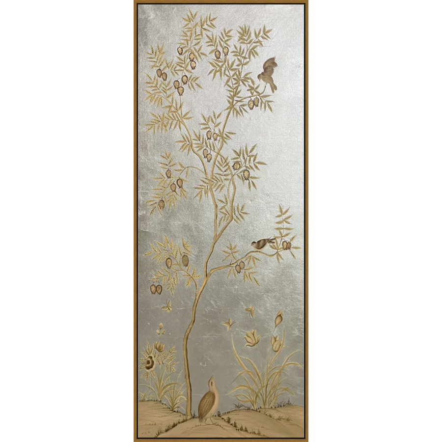 EAHPC24117B - FLORAL AND BIRDS ON SILVER II framed floating in a contemporary gold frame. Finished Size: W 30.00 in x H 84.00 in