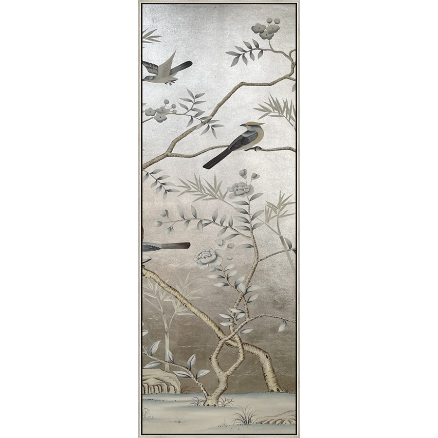 EAHPC24216 - FLORAL AND BIRDS ON SILVER VI framed floating in a contemporary silver frame. Finished Size: W 50.00 in x H 84.00 in