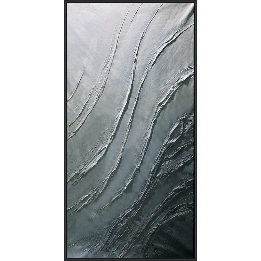 EAHPC24242 - EMBELLISHED SHADES OF GRAY II framed floating in a contemporary black frame. Finished Size: W 35.00 in x H 70.00 in