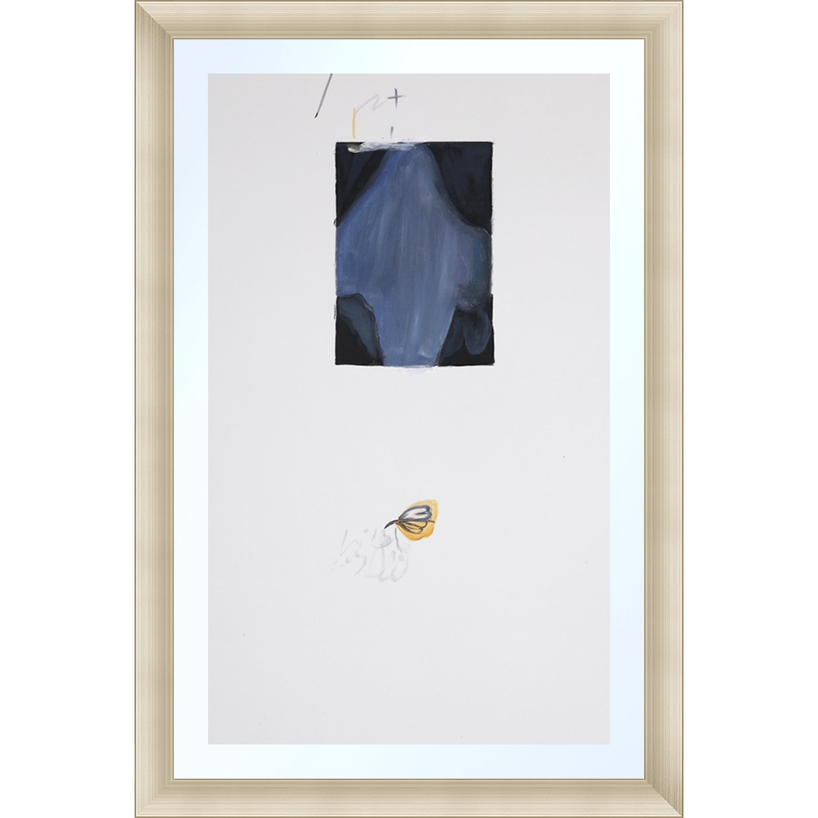 EAHPP08 - BLACK BLUE ABSTRACT ON PAPER framed floating on glass in a contemporary silver frame Finished Size: W 16.38 in x H 24.38 in