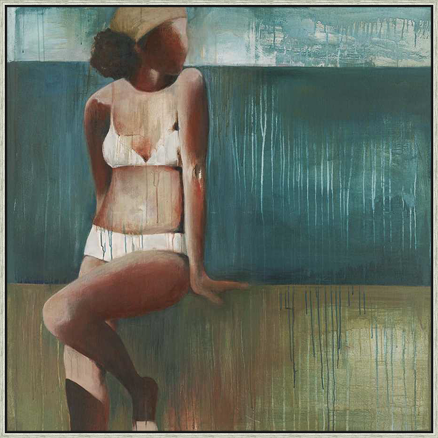 An evocative abstract painting depicting a woman in a white bikini, rendered with muted tones and a dreamy, flowing effect. It evokes a sense of calm and relaxation.