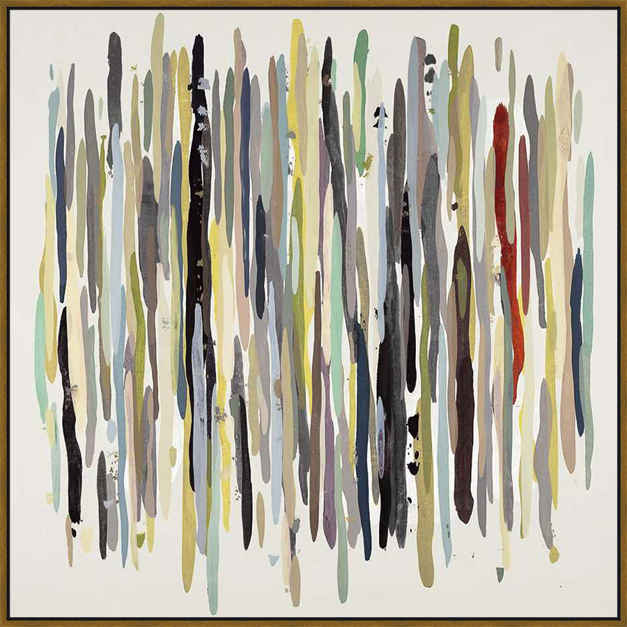 A vibrant abstract painting, this artwork features a composition of vertical brushstrokes in a variety of colors, creating a dynamic and textured visual experience. The piece would make a striking statement in any modern interior.