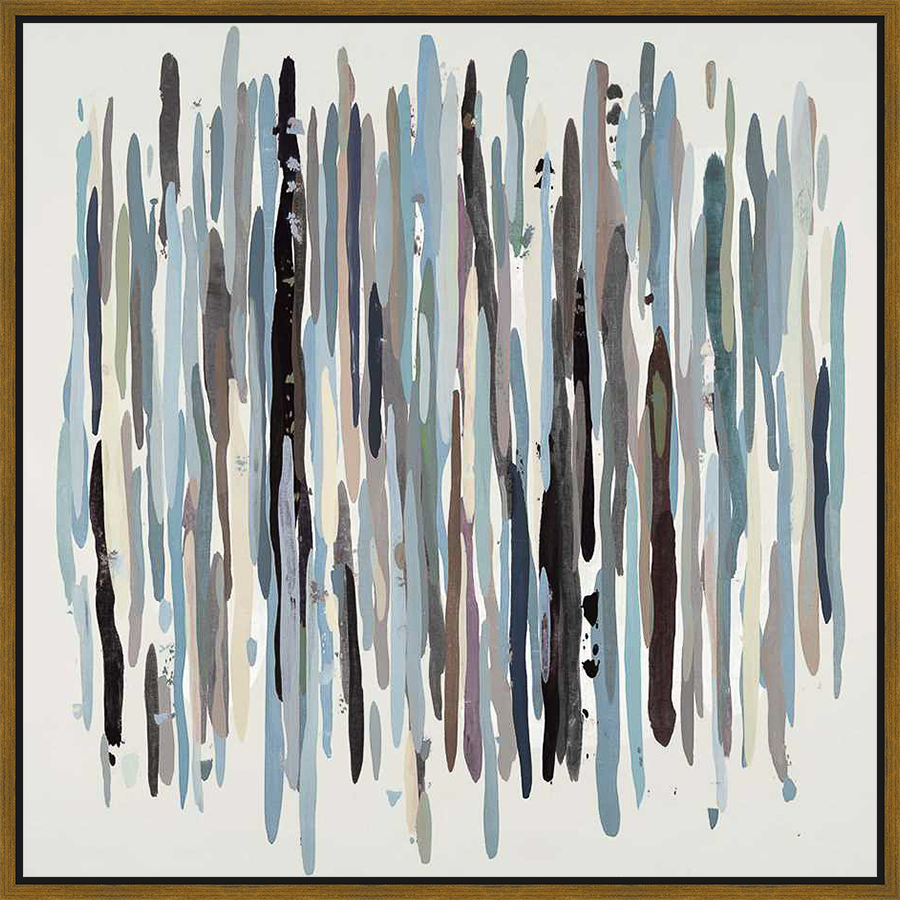 A contemporary abstract artwork, featuring a vertical composition of brushstroke-like shapes in muted tones, creates a calming and sophisticated atmosphere. This piece is perfect for adding a touch of modern art to any living space.