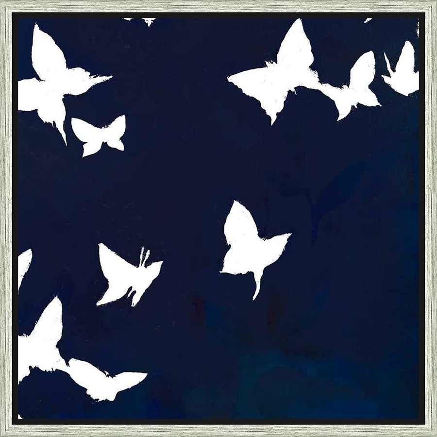 A captivating artwork features white butterfly silhouettes against a deep blue backdrop, creating a dynamic and ethereal visual. This piece evokes feelings of freedom and tranquility, making it a stunning addition to any interior space.