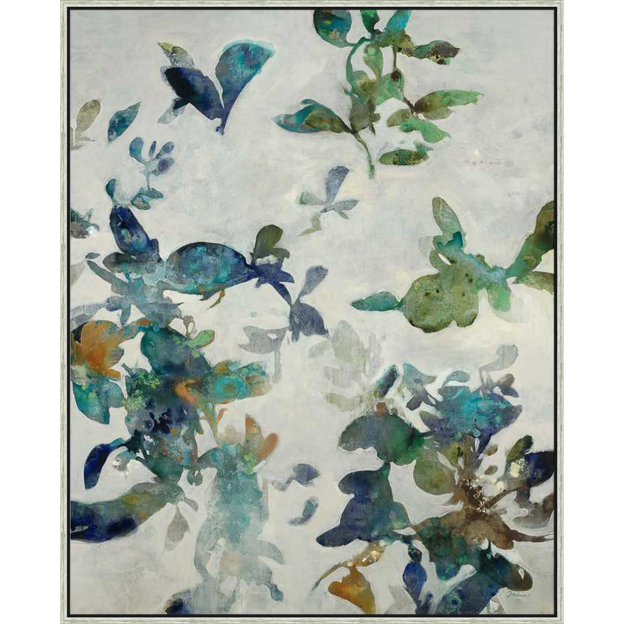 This abstract artwork depicts a serene scene of botanical elements in a soft, muted palette. Delicate brushstrokes and overlapping shapes create a sense of depth and movement, while a subtle interplay of light and shadow adds to the artwork's ethereal quality.