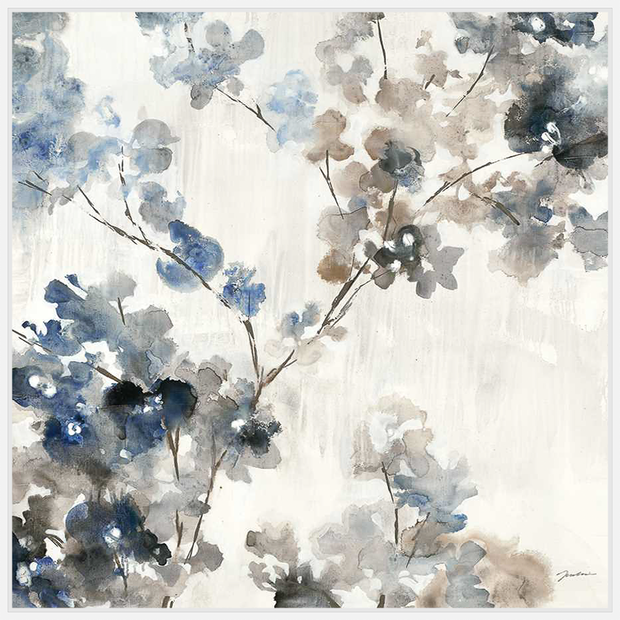 This elegant artwork features a delicate watercolor depiction of flowering branches. Softly rendered blooms in muted tones cascade across the canvas, creating a sense of serenity and natural beauty. The artwork evokes a serene and calming atmosphere.