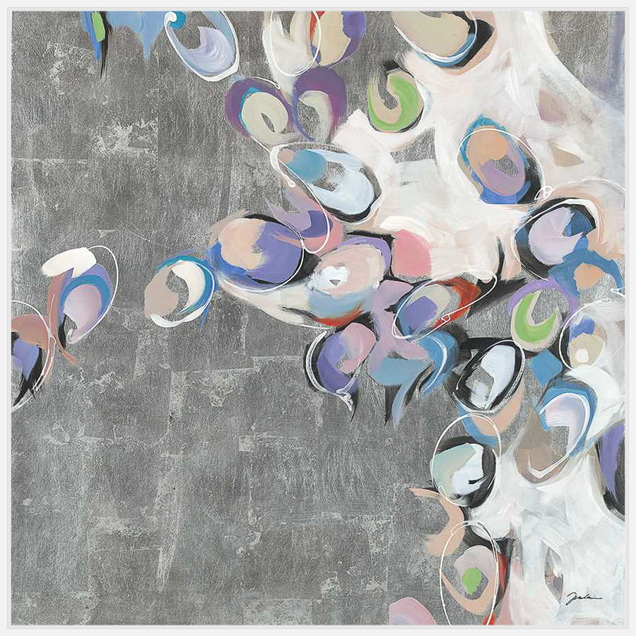 An abstract artwork featuring organic shapes in a soft color palette over a textured metallic background. This piece adds a touch of modern elegance to any space.